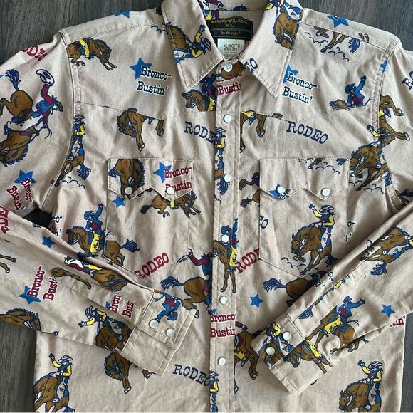 Vtg Pearl Snap Wrangler Button Up Kids Sz XL Rodeo Bronco Western Cowboy Graphic - Picture 1 of 5